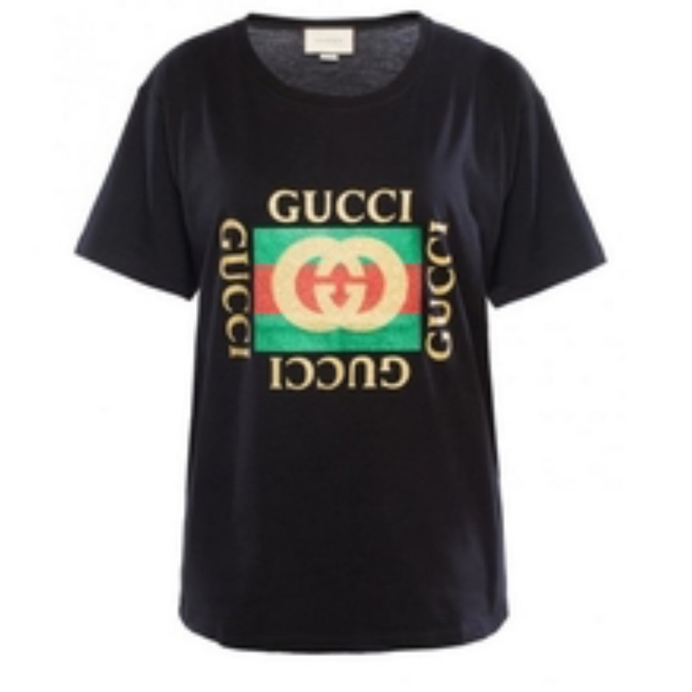 Authentic Gucci Black Tee with Gold and Green Logo